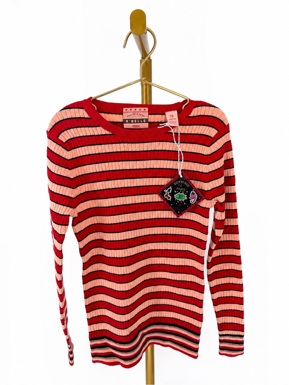 Scotch & Soda Red and Pink Striped Ribbed Crew Sweater